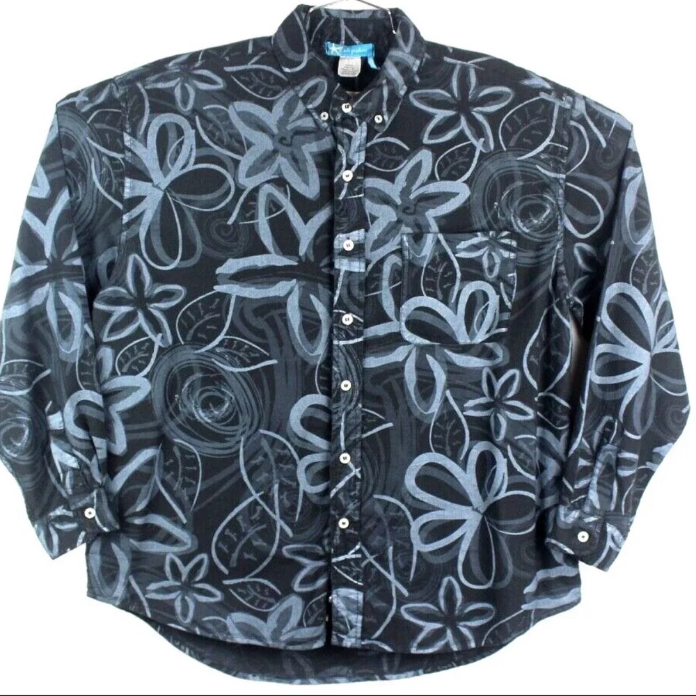 Fresh Produce // Long Sleeve Button Front Camp Dress Shirt Floral Black+Blue